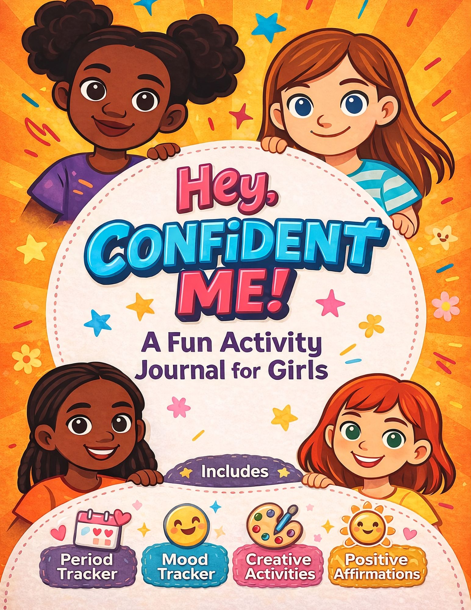 Hey Confident Me! A Fun Activity Journal for Girls: Period Tracker, Mood Tracker, and Creative Activities.
